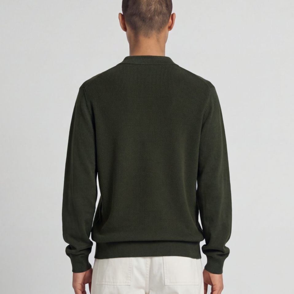 Lyle & Scott Panelled Waffle Knitted Longsleeve Polo Donker Groen