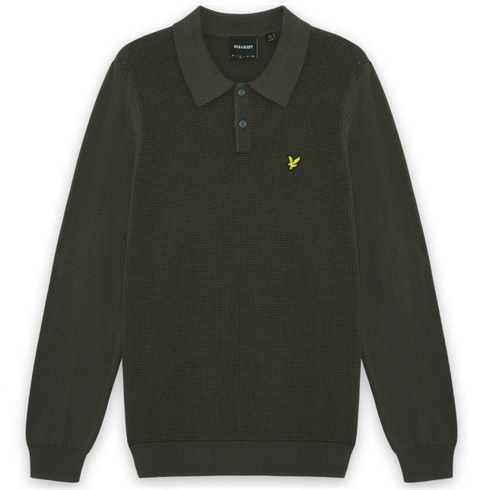 Lyle & Scott Panelled Waffle Knitted Longsleeve Polo Donker Groen