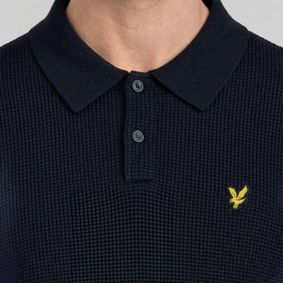 Lyle & Scott Panelled Waffle Knitted Longsleeve Polo Navy