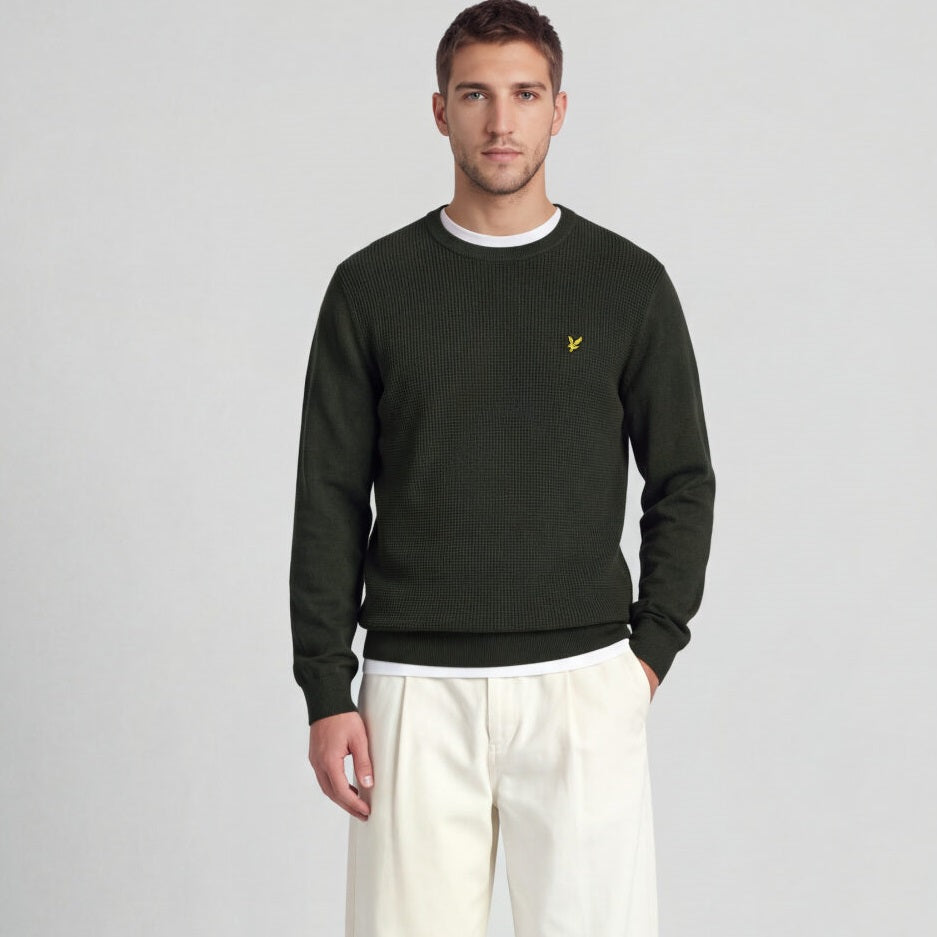Lyle & Scott Panelled Waffle Sweater Donker Groen