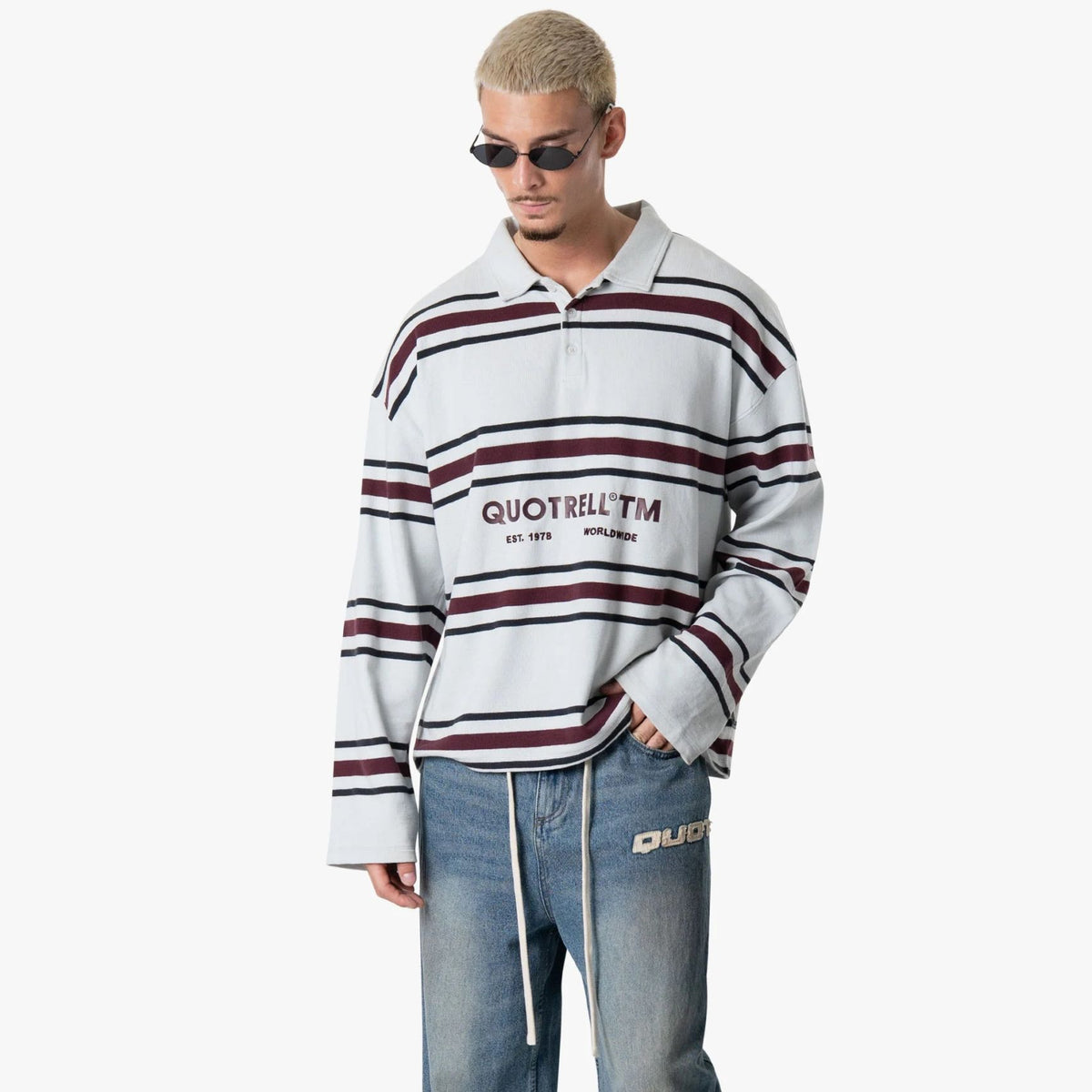 Quotrell Striped Longsleeve Polo Licht Blauw
