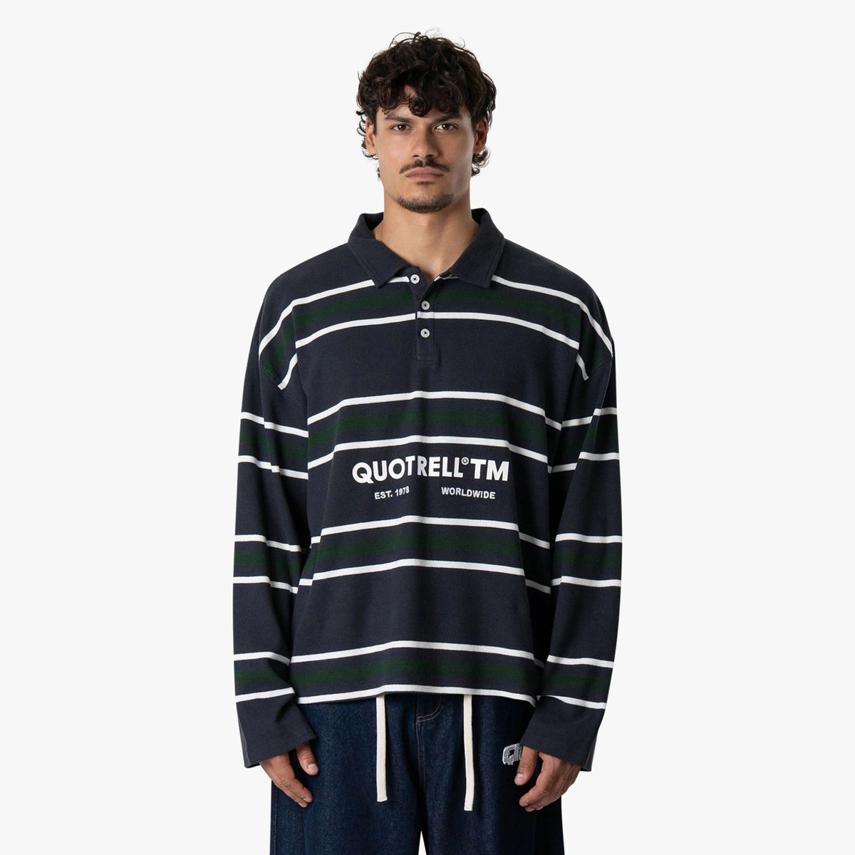 Quotrell Striped Longsleeve Polo Navy