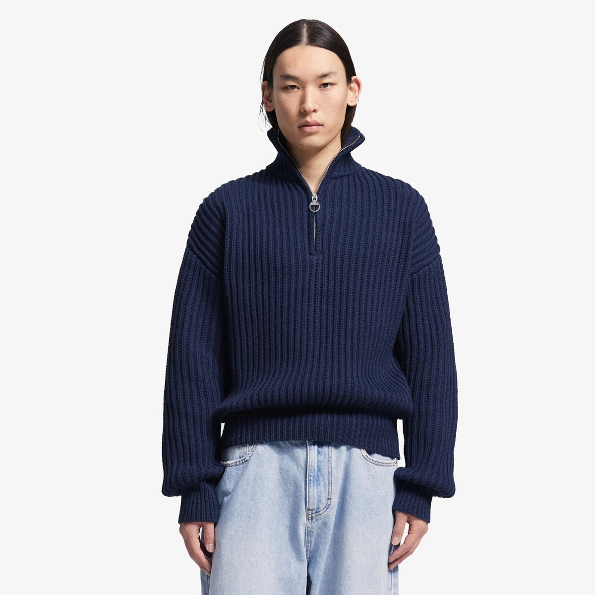 Bram’s Fruit Fisherman Knitted Quarter Zip Sweater Donker Blauw