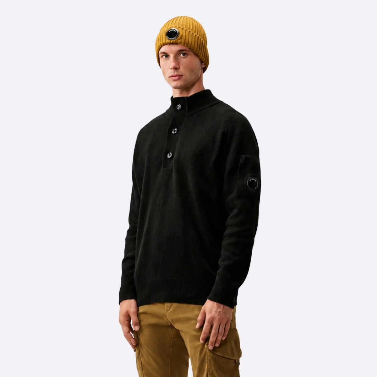 CP Company Lambswool GRS Half Button Lens Sweater Zwart