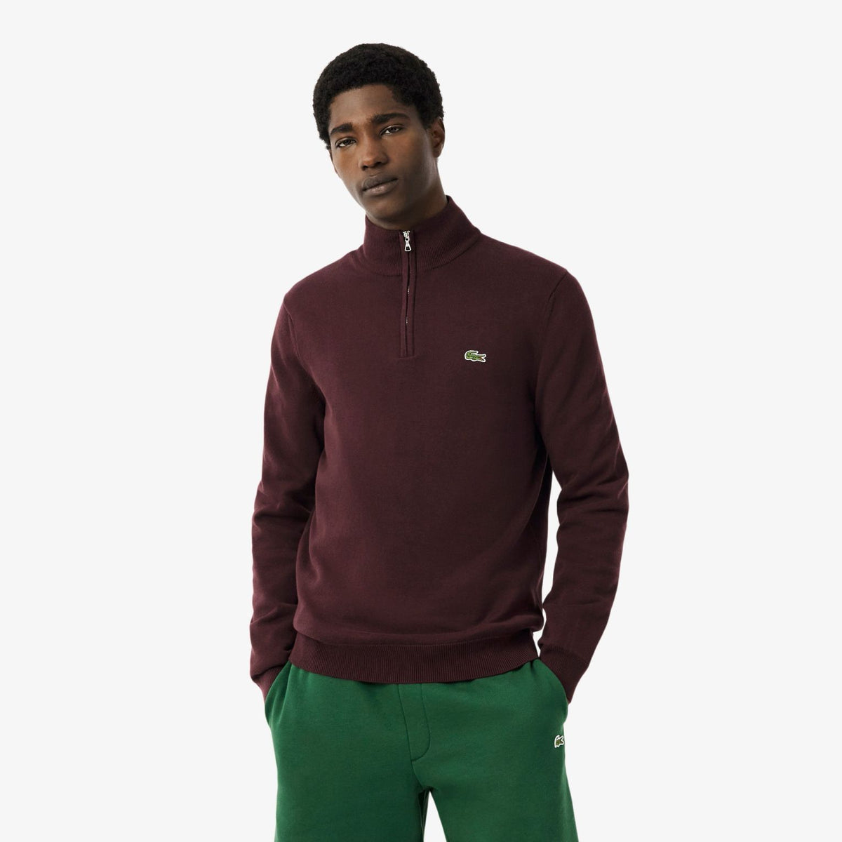 Lacoste Zipped High Neck Cotton Sweater Bordeaux