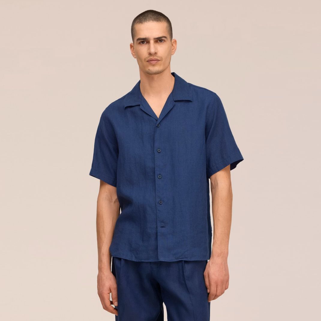 NN.07 Julio Open Collar Linen Overhemd Navy
