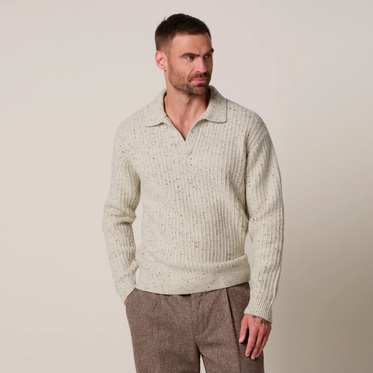 Profuomo Donegal Open Collar Longsleeve Polo Beige