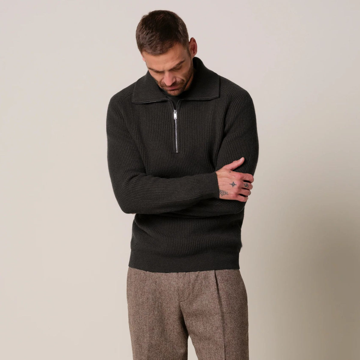 Profuomo Heavy Knitted Half Zip Sweater Donker Bruin