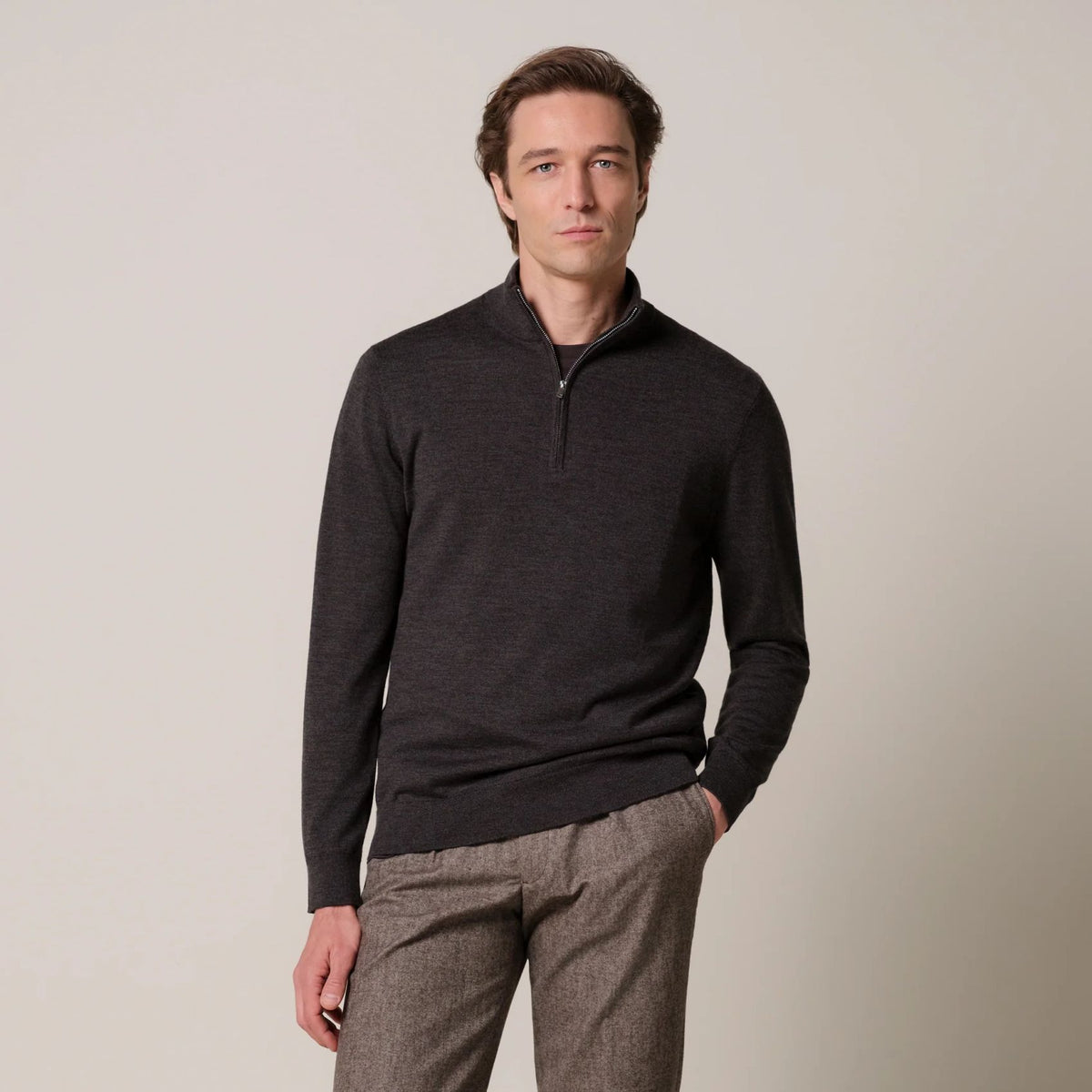 Profuomo Knitted Half Zip Sweater Donker Bruin