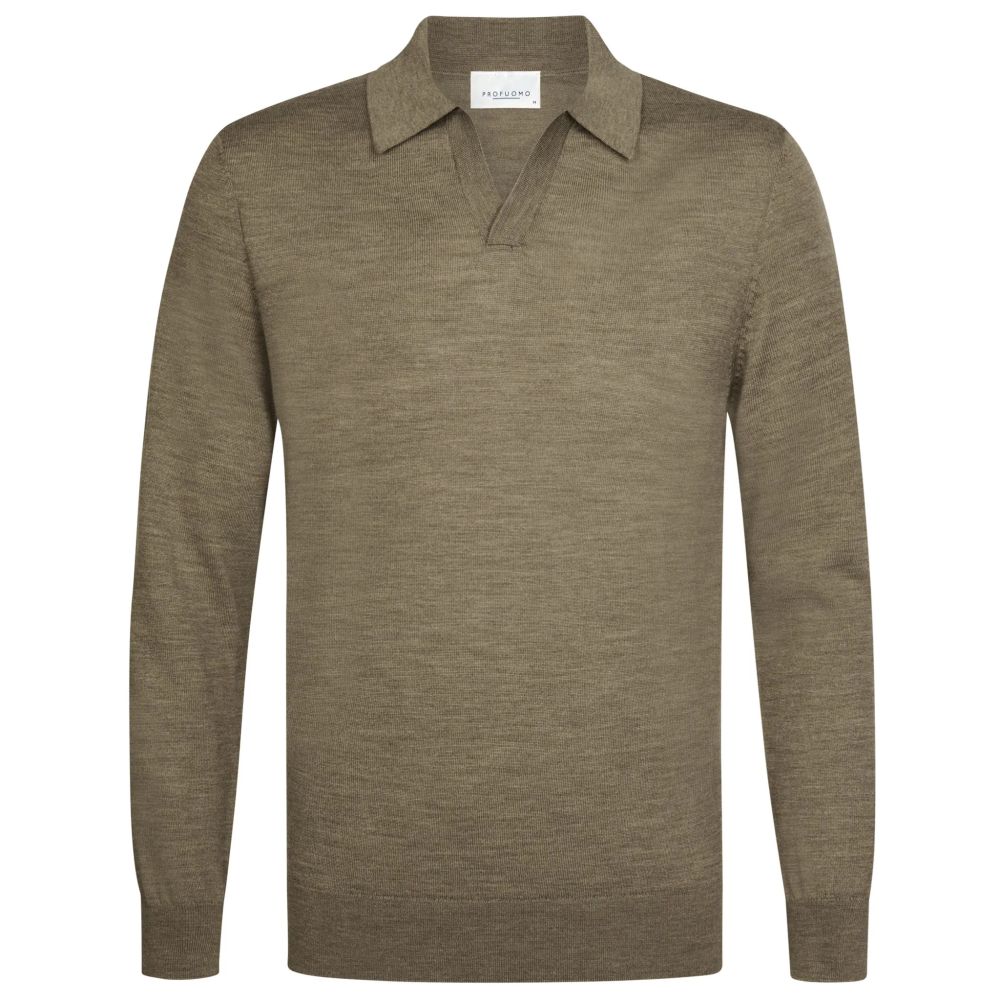 Profuomo Open Collar Longsleeve Polo Bruin