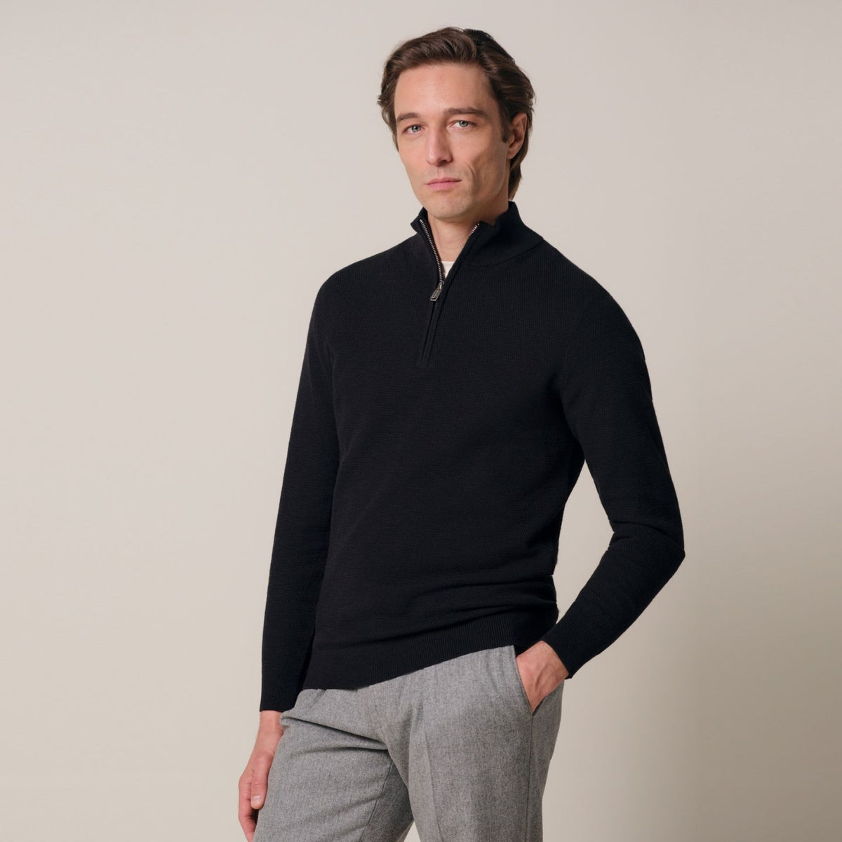 Profuomo Structured Half Zip Sweater Zwart